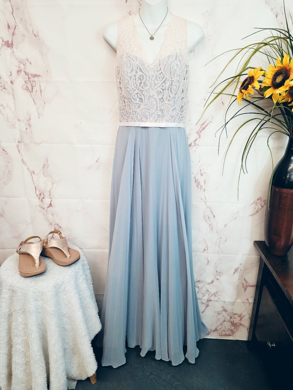After Six Light Blue Lace Bodice Maxi Dress Formal Prom Bridesmaid Gown Size 6 - Picture 3 of 9